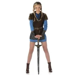 Costume Robe Courte Bleue De Femme Viking Guerrier
