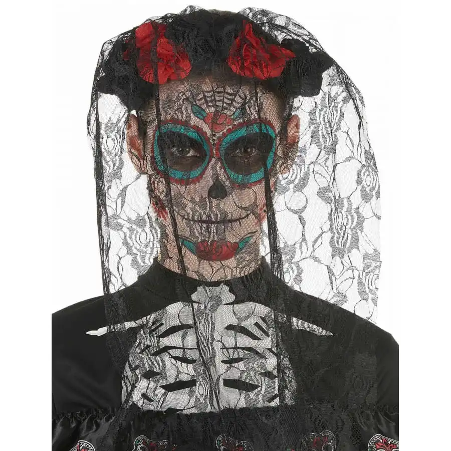 Couronne De Fleurs Noir Et Rouge Avec Voile Noir 2 Couronne De Fleurs Noir Et Rouge Avec Voile Noir – Image 2