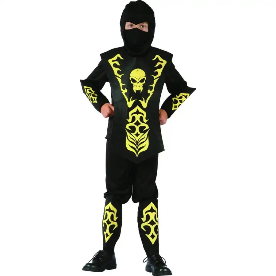 Déguisement Ninja Noir Et Jaune Motif Tête De Mort 1 Déguisement Ninja Noir Et Jaune Motif Tête De Mort