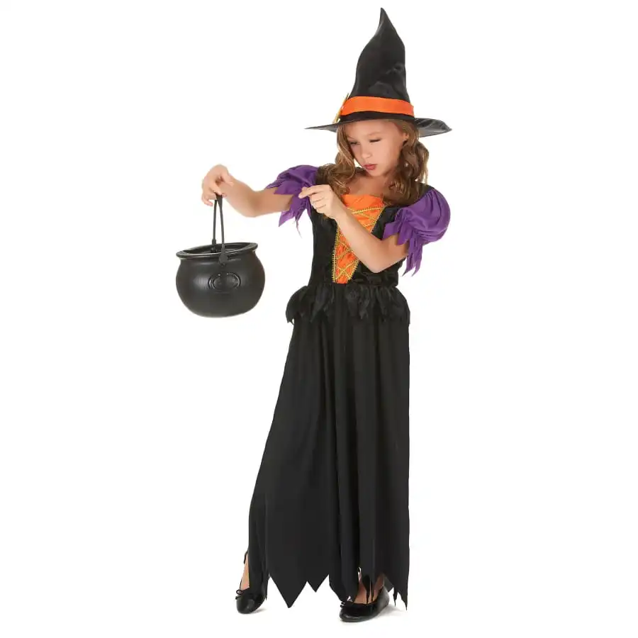 Long Costume De Petite Sorcière Noire Et Orange 2 Long Costume De Petite Sorcière Noire Et Orange – Image 2