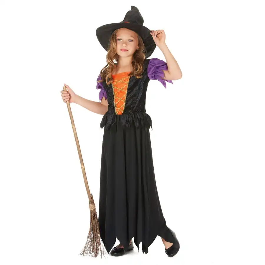 Long Costume De Petite Sorcière Noire Et Orange 1 Long Costume De Petite Sorcière Noire Et Orange