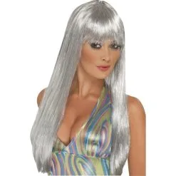 Longue Perruque Argenté Lisse Et Paillette