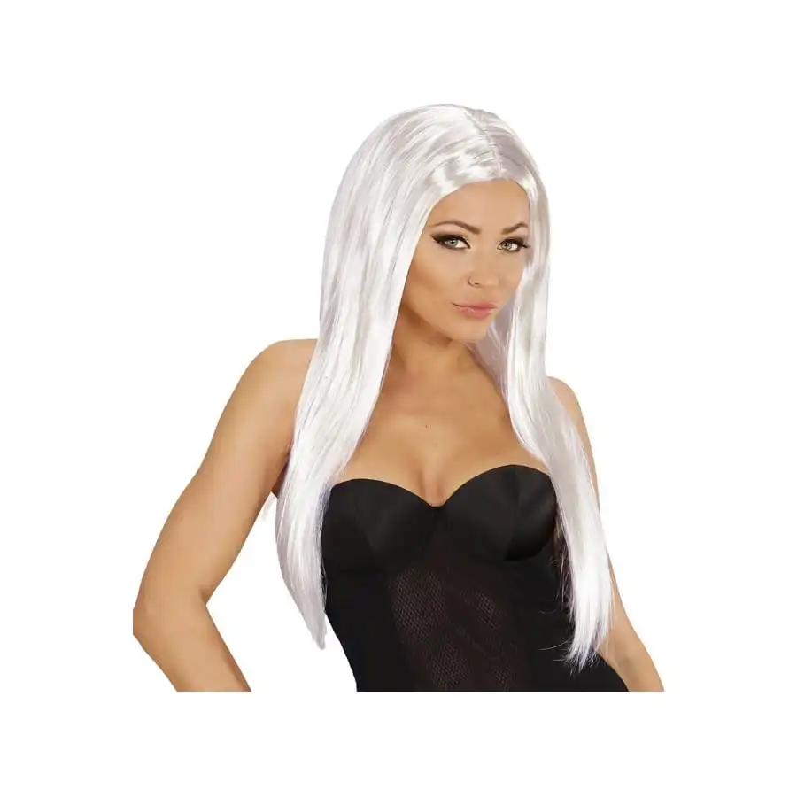 Longue Perruque Blanche Lisse Raie Centrale 1 Longue Perruque Blanche Lisse Raie Centrale