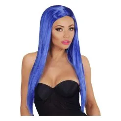 Longue Perruque Bleue Lisse Raie Centrale