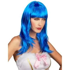Longue Perruque Bleue Unie à Frange