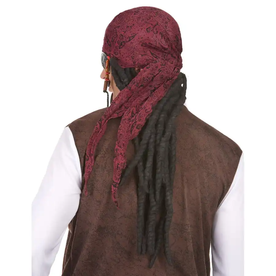 Longue Perruque Dread Noire De Pirate Avec Bandana 2 Longue Perruque Dread Noire De Pirate Avec Bandana – Image 2