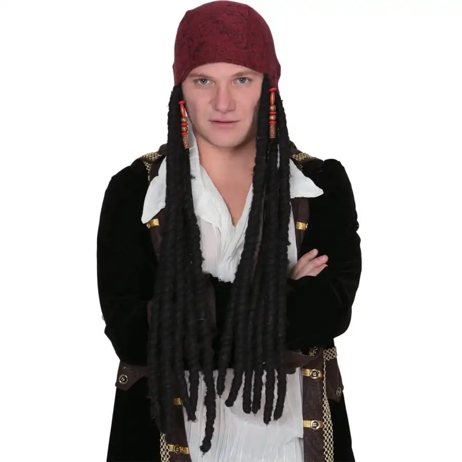 Longue Perruque Dread Noire De Pirate Avec Bandana 3 Longue Perruque Dread Noire De Pirate Avec Bandana – Image 3