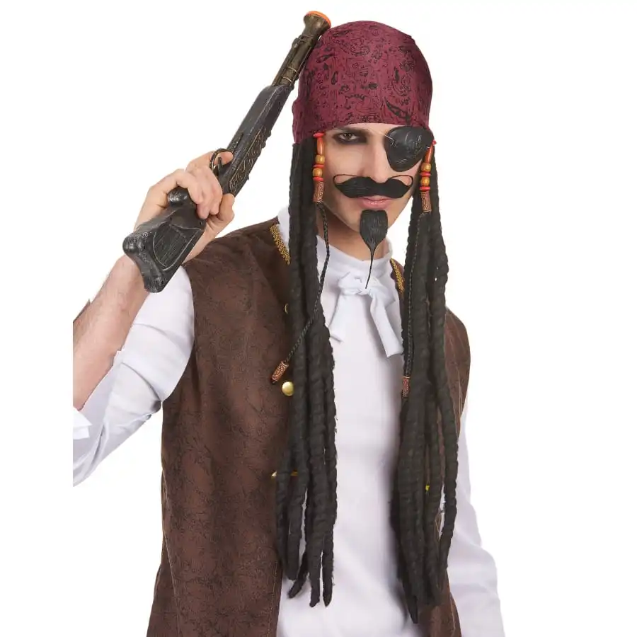 Longue Perruque Dread Noire De Pirate Avec Bandana 1 Longue Perruque Dread Noire De Pirate Avec Bandana