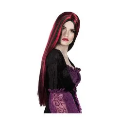 Longue Perruque Lisse Noire Avec Mèches Rouges