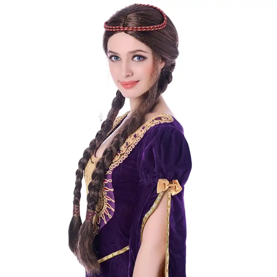 Longue Perruque Médiévale Chatain Avec Tresses 1 Longue Perruque Médiévale Chatain Avec Tresses