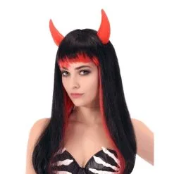 Longue Perruque Noire Et Rouge Avec Cornes Rouges