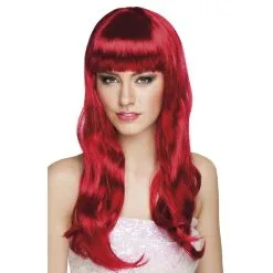 Longue Perruque Rouge Foncée Ondulée Avec Frange