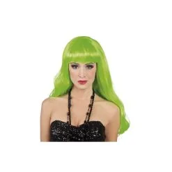 Longue Perruque Vert Fluo Ondulée à Frange