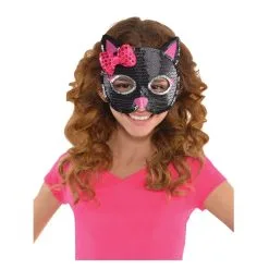 Loup Chat Noir En Sequins Avec Noeud Rose, Enfant