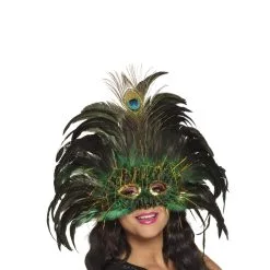 Loup Vénitien Vert Avec Plumes De Paon Pour Adulte