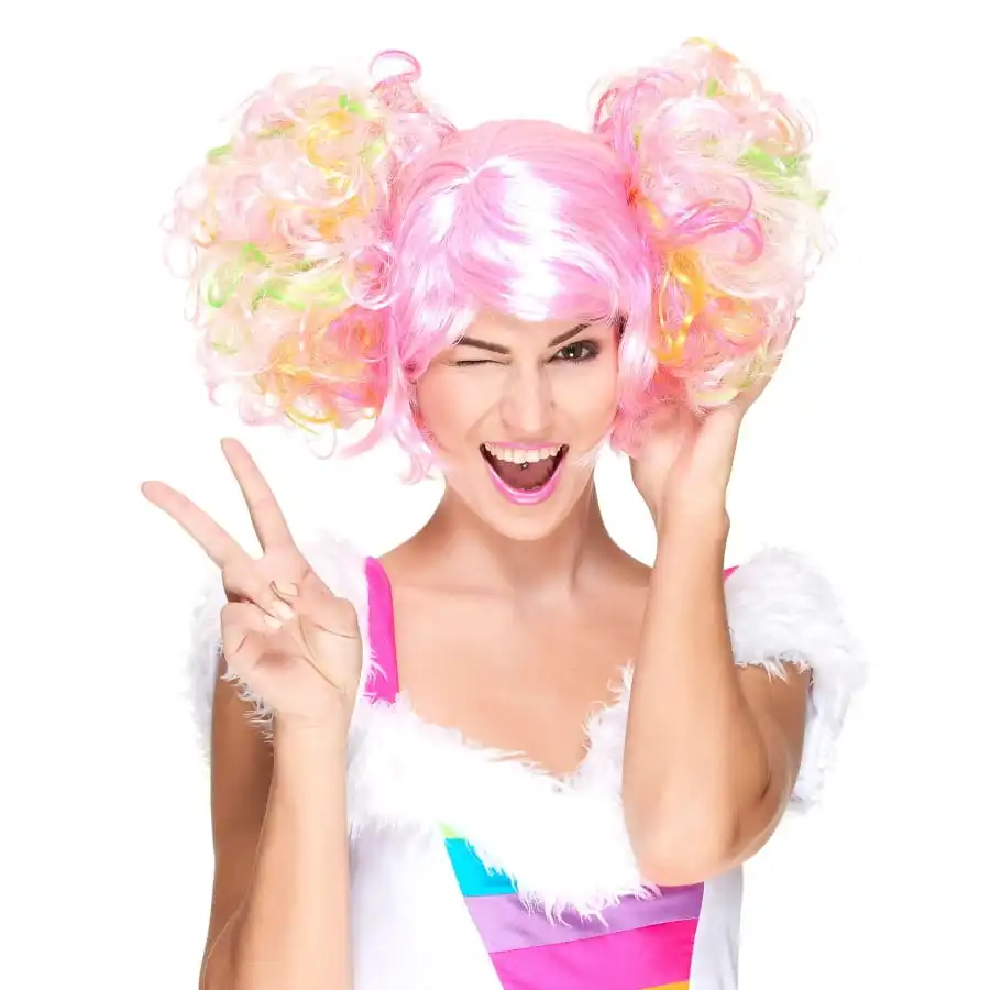 Perruque à Couettes Bouclées Rose Clair 1 Perruque à Couettes Bouclées Rose Clair