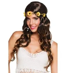 Perruque Bohème De Longs Cheveux Marrons Fleuris