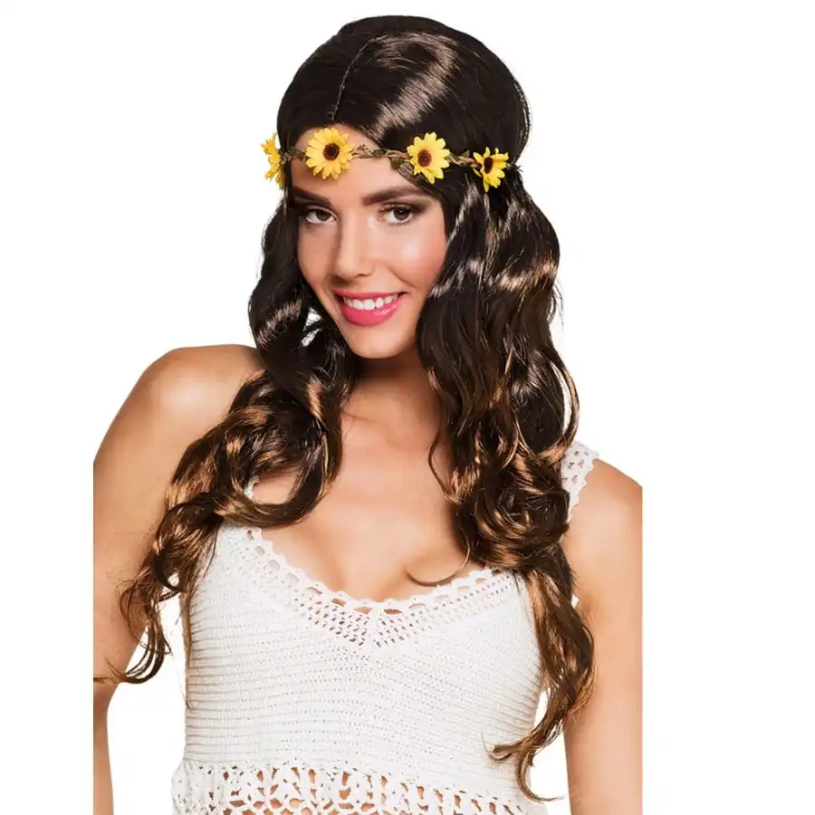 Perruque Bohème De Longs Cheveux Marrons Fleuris 1 Perruque Bohème De Longs Cheveux Marrons Fleuris