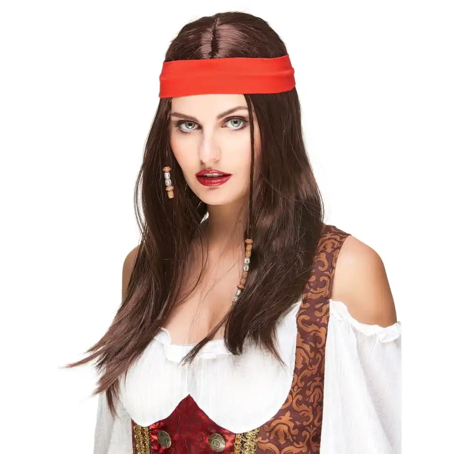 Perruque Brune De Pirate Avec Bandeau Rouge 1 Perruque Brune De Pirate Avec Bandeau Rouge