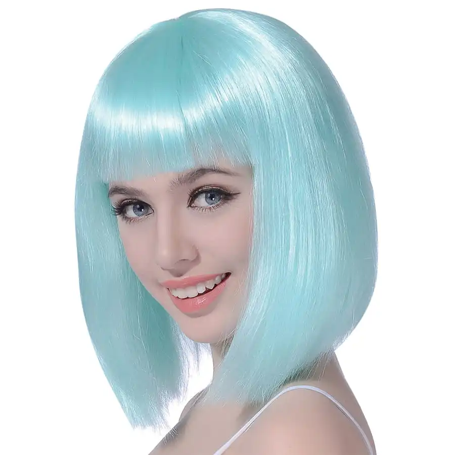 Perruque Carré Bleu Ciel Mi-long Avec Frange 2 Perruque Carré Bleu Ciel Mi-long Avec Frange – Image 2