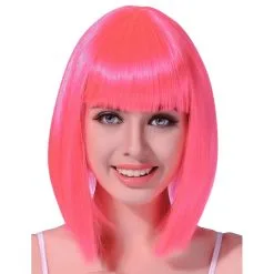Perruque Carré Rose Fluo Mi-long Avec Frange