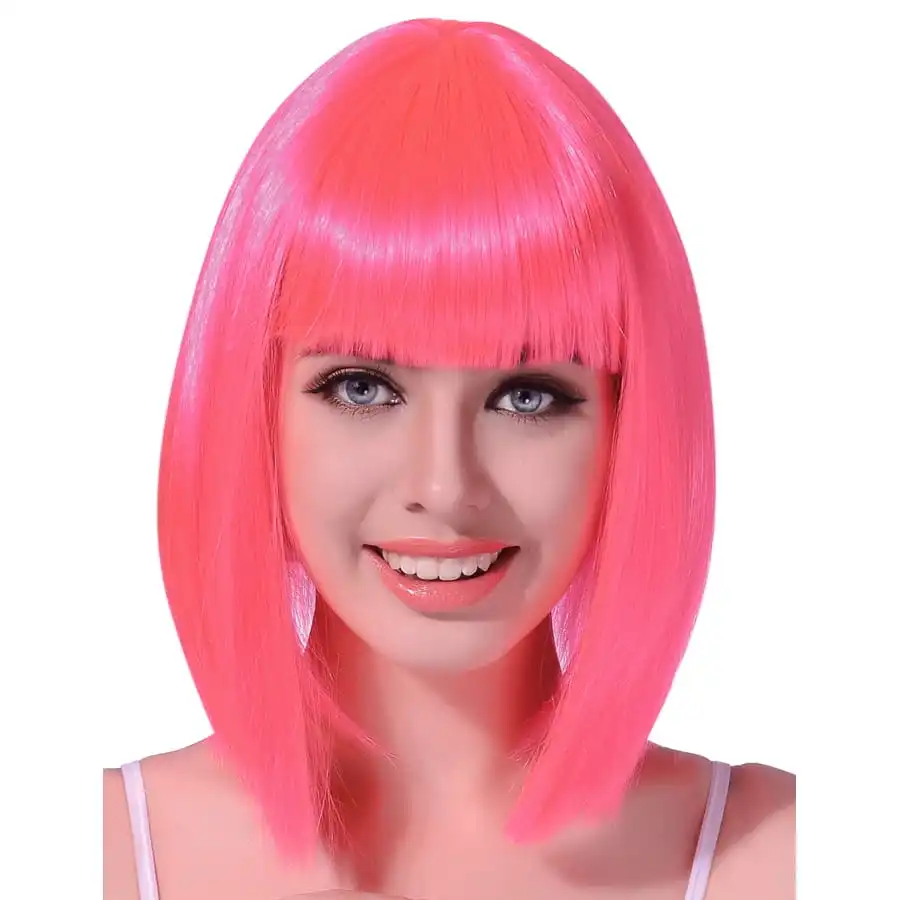 Perruque Carré Rose Fluo Mi-long Avec Frange 1 Perruque Carré Rose Fluo Mi-long Avec Frange