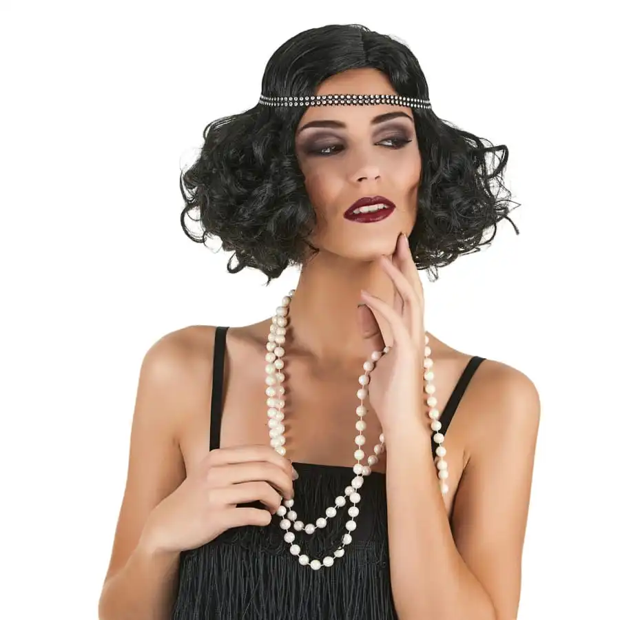 Perruque Noire Coupe Charleston Bouclée 1 Perruque Noire Coupe Charleston Bouclée