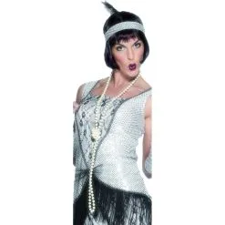 Robe Asymétrique Noir Argent, Années 20 -Camouflage Soldes Boutique Sautoir de perles blanches nacrees 4