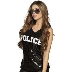 T-shirt Sans Manche Police Noir à Sequins, Femme